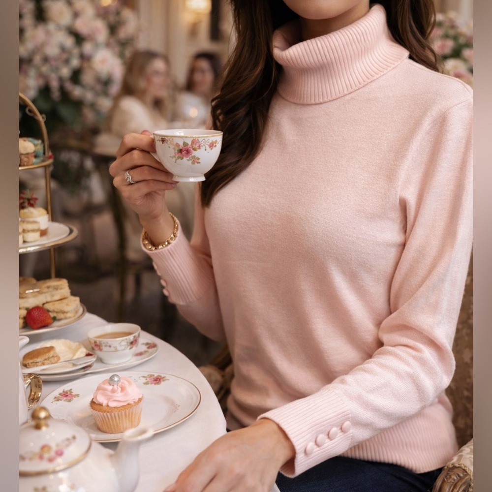 Knit Blush Pink XL Turtleneck Sweater – Button Cuff Detail